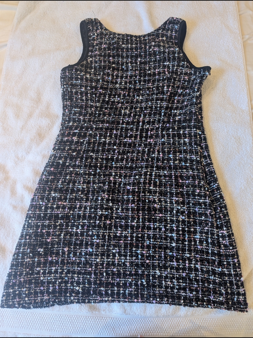 Sleeveless Black Tweed Shift Dress with Pastel Accents - Picture 4 of 5